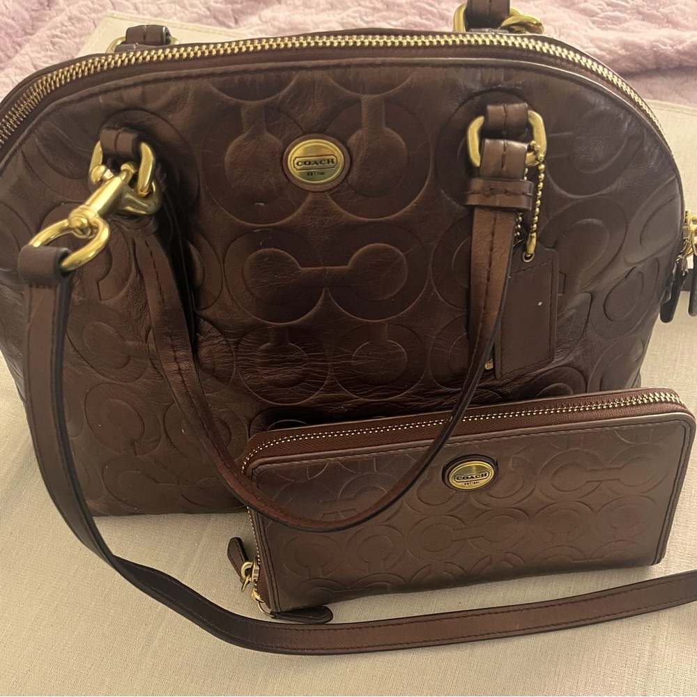 Coach AUTHENTIC leather satchel and wallet EUC Metallic Bronze & Gold MSRP $650